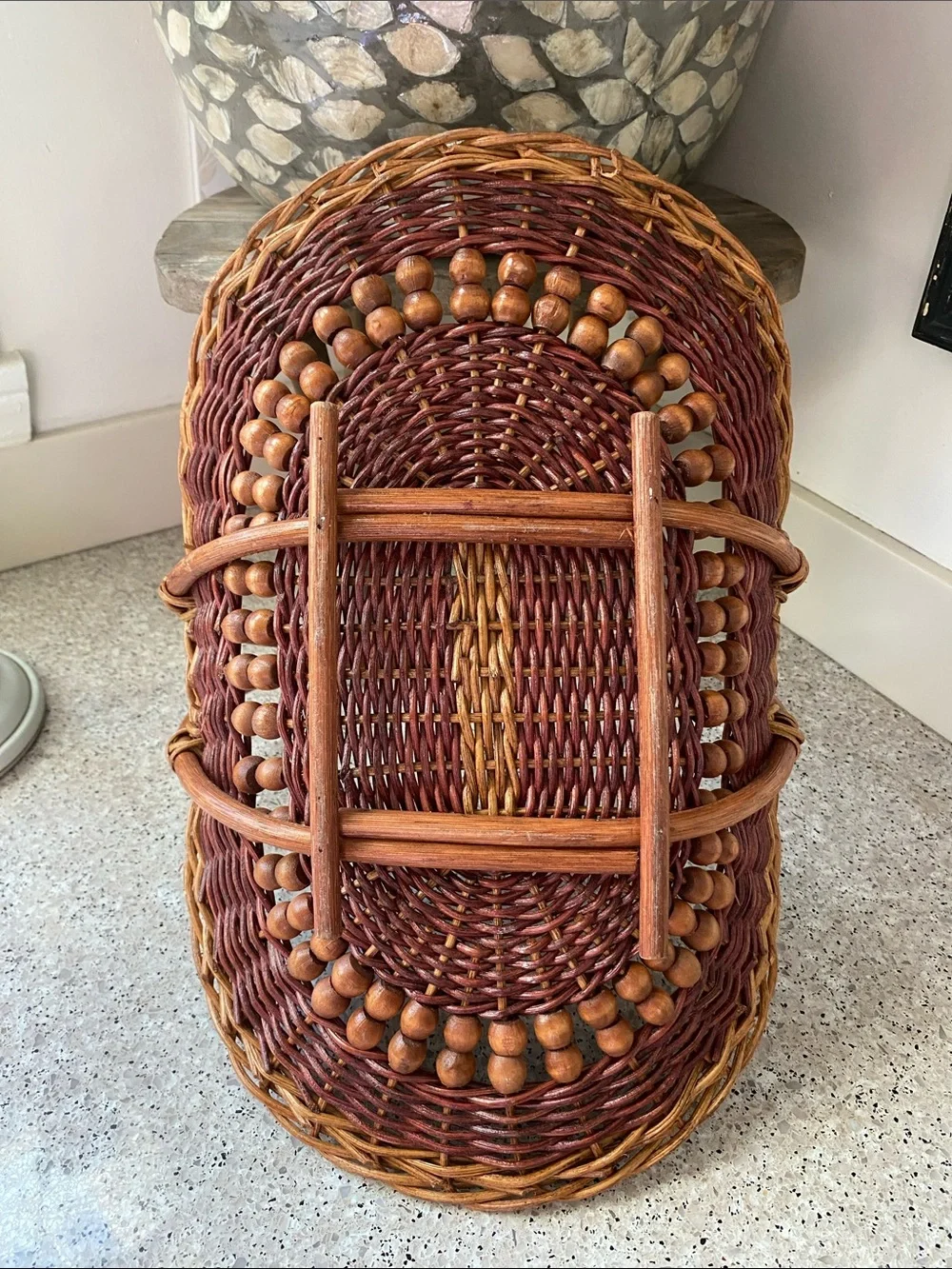 Vintage Hand-Woven Wicker & Rattan Gathering Basket